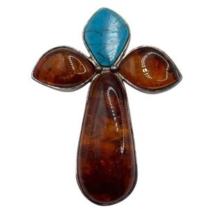 Valerio V8 Sterling Silver Amber Turquoise Cross Pendant Poland